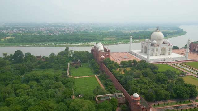 Taj Mahal Aerial View: India's Iconic White Marble Monument | Stock Video Footage