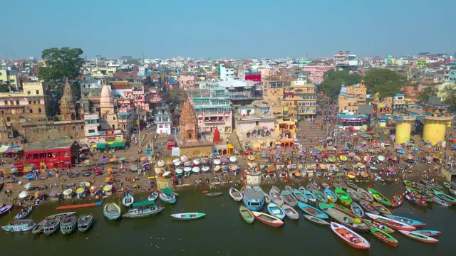 Varanasi Ghats & Ganges River Boats Drone Footage