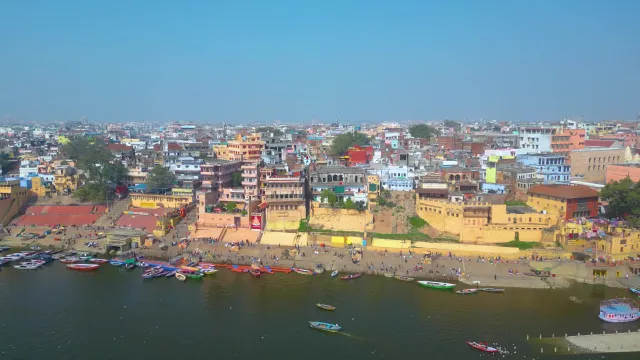 Aerial Panoramic View of Varanasi Ghats and Ganges River India | Indian Stock Video